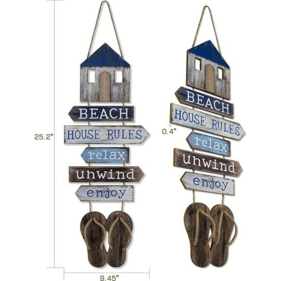 Nautical Beach Wall Decor Flip Flop Sign Coastal Bathroom Hanging Plaque - Picture 2 of 7